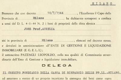 Delega di gestione dei beni di Aurelia Josz dall'EGELI al Credito fondiario della Cariplo, 1 settembre 1944
